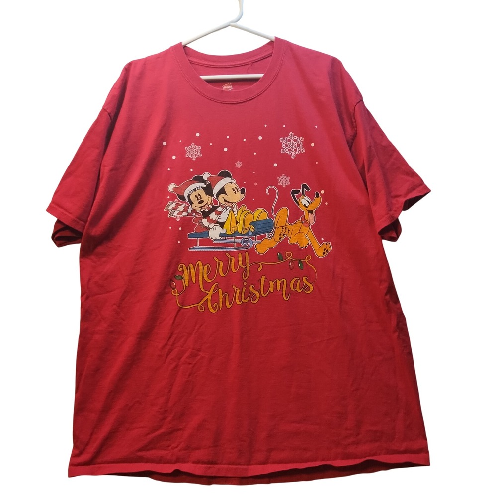 Hanes Red Disney Mickey Minnie‎ Pluto Sled Merry Christmas Graphic T Shirt 2XL